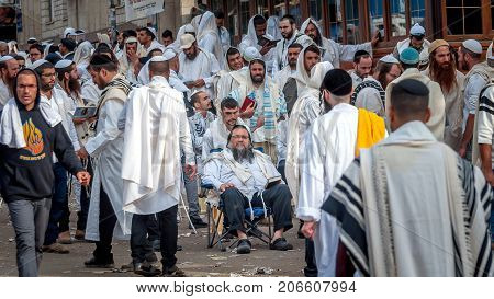 Mass prayer. Hasids pilgrims in traditional clothes. Uman Ukraine - September 21 2017: Rosh-ha-Shana festival Jewish New Year.