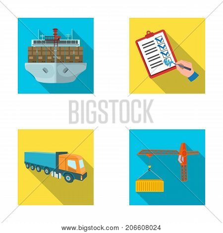 Sea freight, signature of delivery documents, truck, tower crane with a container. Logistics and delivery set collection icons in flat style isometric vector symbol stock illustration .