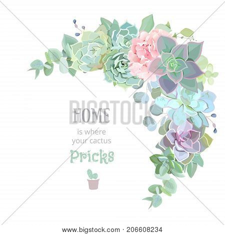 Wild desert floral crescent shaped vector frame with succulents, echeveria, hydrangea, eucalyptus. Rustic craft bouquet. Green and pink wedding template. All elements are isolated and editable