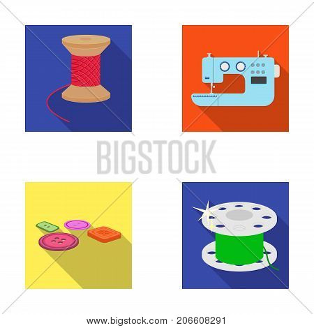 Thread reel, sewing machine, bobbin, pugwitz and other equipment. Sewing and equipment set collection icons in flat style vector symbol stock illustration .