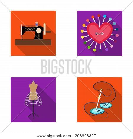 Needle and thread, sewing machine, pincushion, dummy for clothing. Sewing and equipment set collection icons in flat style vector symbol stock illustration .