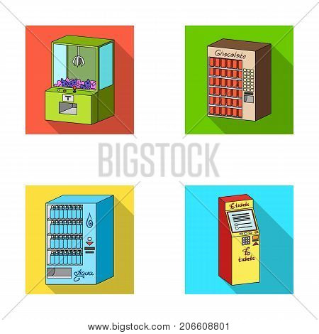 A game machine, a ticket sales terminal, an automaton for selling aqua and chocolate. Terminals set collection icons in flat style isometric vector symbol stock illustration .