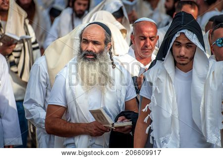 Prayer. Hasids pilgrims in traditional clothes. Uman Ukraine - September 21 2017: Rosh-ha-Shana festival Jewish New Year.
