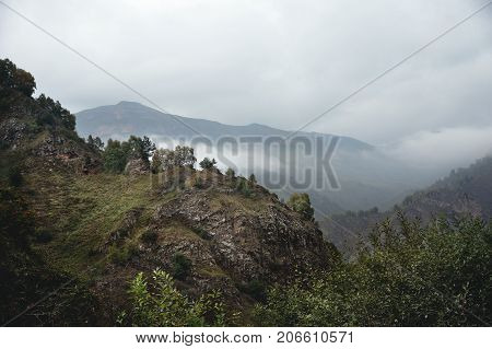 A beautiful morning landscape of mountain in the mountain gorge in the autumn