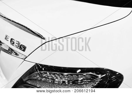 Sankt-Petersburg Russia July 21 2017: Back view of a Mercedes Benz E 63s AMG 2017. Rear light. Car exterior details. Photo Taken at Royal Auto Show July 21