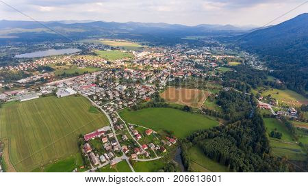 Aerial view of a town. Kocevje in Slovenia.