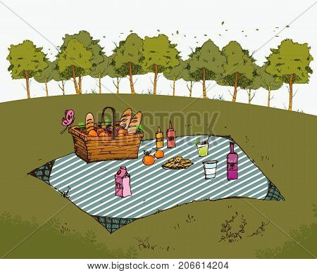 Outdoor picnic in park Hand drawn stylevector background illustration