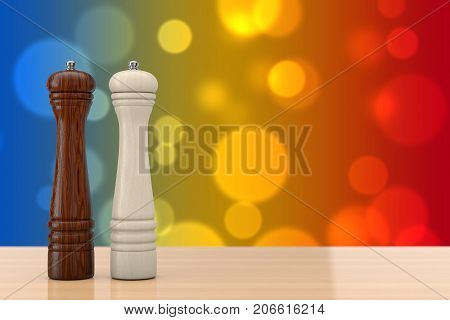 Wooden Perrer or Salt Grinder Mills on a wooden table. 3d Rendering