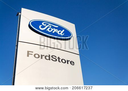 Prague, Czech Republic - September 29: Ford Motor Company Logo On Dealership Building On September 2