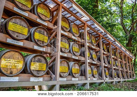 TOKYO, JAPAN - MAY 15: Wooden Barrels stacked of wine at the entrance of Meiji Shrine temple in Shibuya, Tokyo