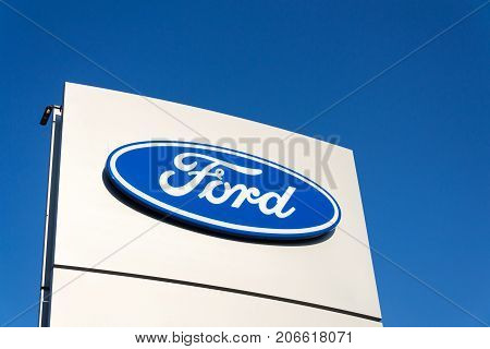 Prague, Czech Republic - September 29: Ford Motor Company Logo On Dealership Building On September 2