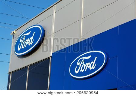 Prague, Czech Republic - September 29: Ford Motor Company Logo On Dealership Building On September 2
