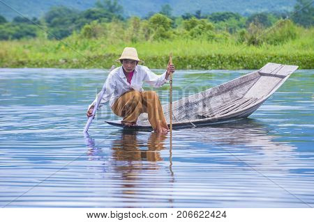 INLE LAKE MYANMAR - SEP 07 : Burmese fisherman at Inle lake Myanmar on September 07 2017 inle Lake is a freshwater lake located in Shan state