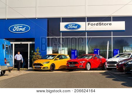 Prague, Czech Republic - September 29: Cars In Front Of Ford Motor Company Dealership Building On Se