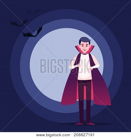 The boy Vampire on background of the moon and Bats.Vector Vampire Character for Halloween. boy dressed as Dracula vector illustration