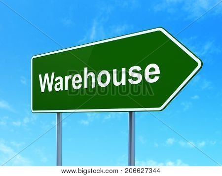 Manufacuring concept: Warehouse on green road highway sign, clear blue sky background, 3D rendering