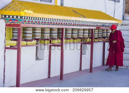 LEH INDIA - SEPTEMBER 20 2017: Buddhist Tibeti monk Participates in the Ladakh Festival in Leh India on September 20 2017