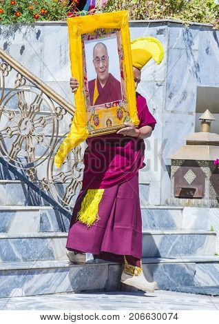 LEH INDIA - SEPTEMBER 20 2017: Buddhist Tibeti monk Participates in the Ladakh Festival in Leh India on September 20 2017