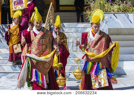 LEH INDIA - SEPTEMBER 20 2017: Buddhist Tibeti monks Participates in the Ladakh Festival in Leh India on September 20 2017