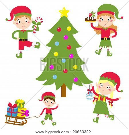 Santa Claus kids cartoon elf helpers vector illustration children elves characters traditional costume. Family christmas kid holiday people.