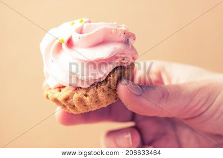 pink cupcake in a hand. close up