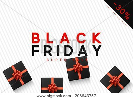 Black Friday sale, banner, poster advert. Card offert promotion design. Background black gift box with red bow.