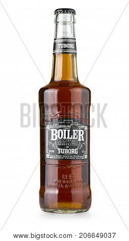 Chisinau Moldova -July 25 2017: Editorial photo of cold bottles of TuborgBoiler Beer with drops isolated on white. Tuborg northern suburb of Copenhagen Denmark.