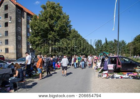 Copenhagen, Denmark - September 03, 2017: People at a flea market in Stefansgade in Norrebro district