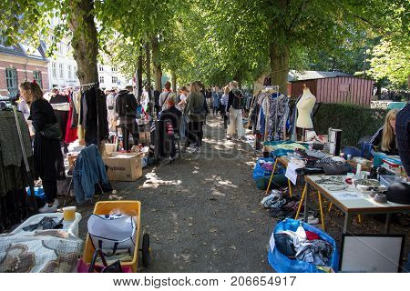 Copenhagen, Denmark - September 03, 2017: People at a flea market in Stefansgade in Norrebro district