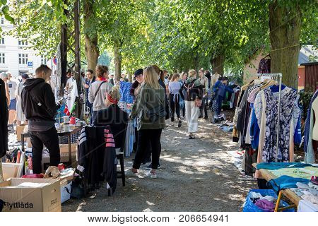 Copenhagen, Denmark - September 03, 2017: People at a flea market in Stefansgade in Norrebro district