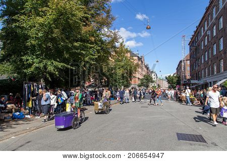Copenhagen, Denmark - September 03, 2017: People at a flea market in Stefansgade in Norrebro district