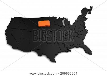 United States of America, 3d black map, with South Dakota state highlighted in orange. 3d render