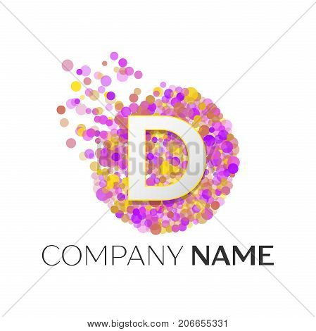Realistic Letter D logo with red, purle, yellow particles and bubble dots in circle on white background. Vector template for your design