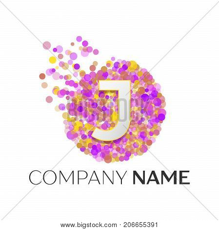 Realistic Letter J logo with red, purle, yellow particles and bubble dots in circle on white background. Vector template for your design