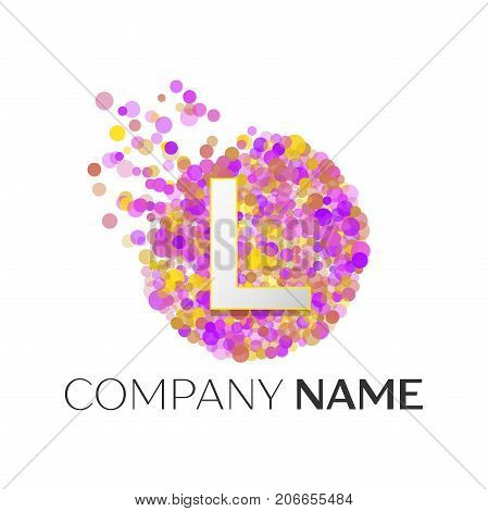 Realistic Letter L logo with red, purle, yellow particles and bubble dots in circle on white background. Vector template for your design
