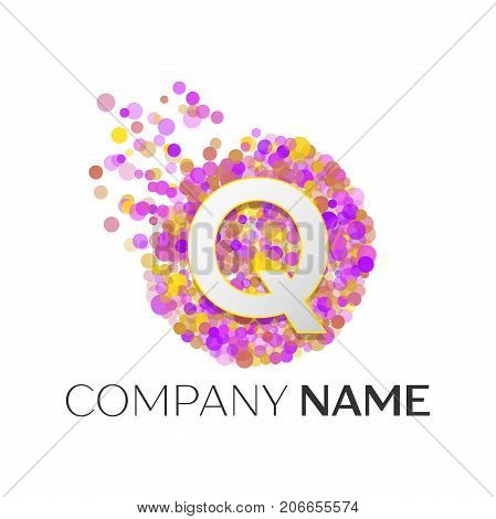 Realistic Letter Q logo with red, purle, yellow particles and bubble dots in circle on white background. Vector template for your design