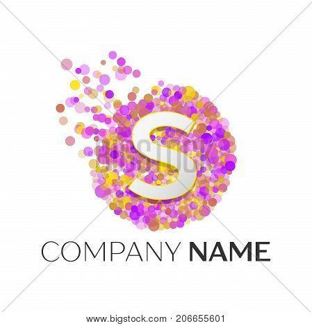 Realistic Letter S logo with red, purle, yellow particles and bubble dots in circle on white background. Vector template for your design