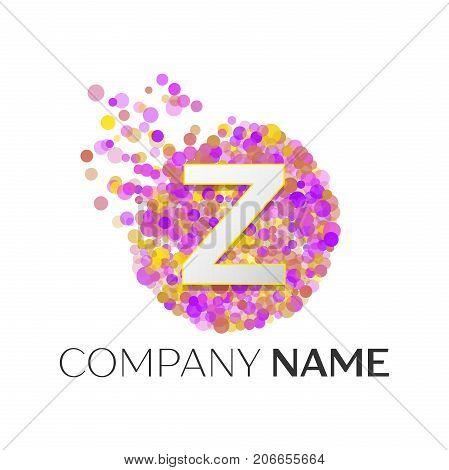 Realistic Letter Z logo with red, purle, yellow particles and bubble dots in circle on white background. Vector template for your design