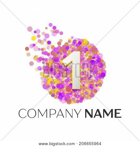 Realistic Number one logo with red, purle, yellow particles and bubble dots in circle on white background. Vector template for your design