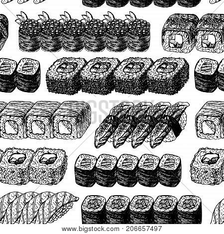 Hand drawn background with sushi and rolls. Vector seamless pattern. Vintage style. Linear graphic design. Black and white Japanese rolls. Vector illustration.