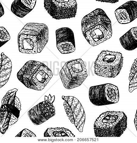 Hand drawn background with sushi and rolls. Vector seamless pattern. Vintage style. Linear graphic design. Black and white Japanese rolls. Vector illustration.