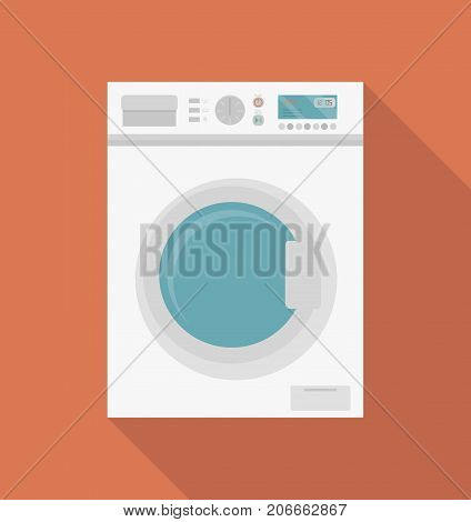 Modern washing machine, front view. Washer. Equipment for washing clothes. Household appliances. Isolated icon with long shadow. Vector illustration in flat style.