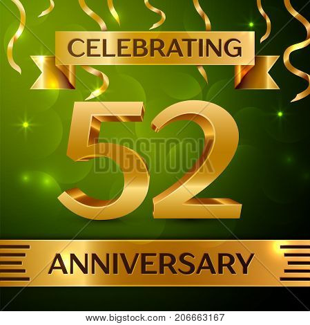 Realistic Fifty two Years Anniversary Celebration Design. Confetti and gold ribbon on green background. Colorful Vector template elements for your birthday party. Anniversary ribbon