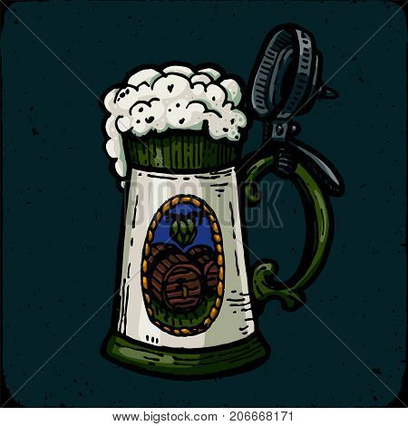 Retro style beer mug, cup or glass engraving. porter, stout, red ale, amber ale, craft beer, light beer, lager, Indian pale ale, American pale ale. Beer mug in Holland style with a lid. Local brewery. Vintage vector engraving illustration for web, poster,
