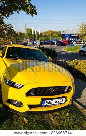 Prague, Czech Republic - September 29: Ford Mustang Car In Front Of Ford Motor Company Dealership Bu