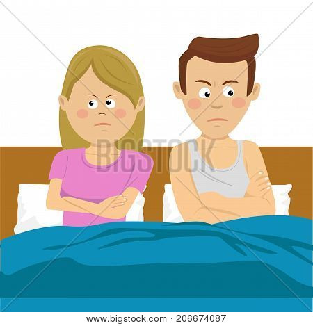 people, relationship difficulties and family concept - unhappy young couple having conflict in bed at home