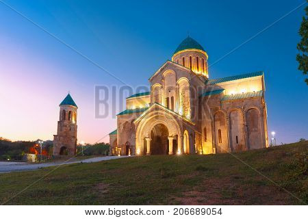 The Cathedral of the Dormition, or the Kutaisi Cathedral, more commonly known as Bagrati Cathedral during evening blue hour, Kutaisi, Imereti, Georgia