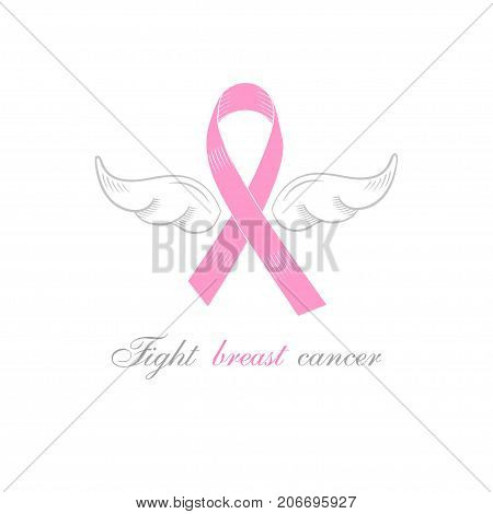 Symbol of fighting Breast Cancer pink ribbon with the silver angel wings. Sign for support campaign for breast cancer awareness month.
