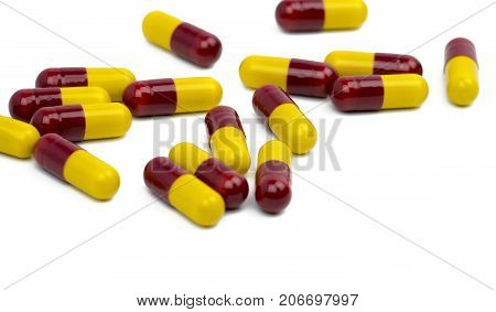 Colorful of antibiotic capsules pills isolated on white background with clipping path drug resistance concept