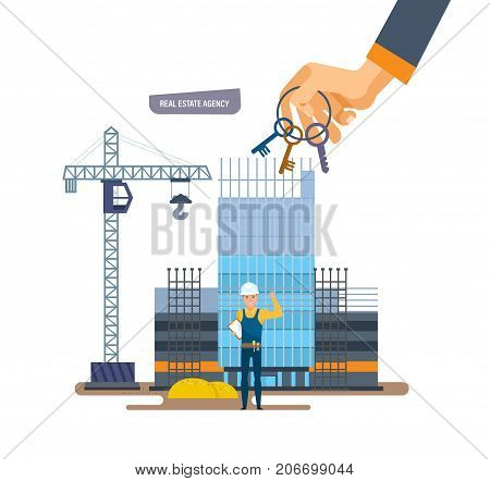 Real estate agency. Hand with keys on background construction of houses. Working, real estate contract deals. Business and commercial property investment. Buying, selling houses. Vector illustration.